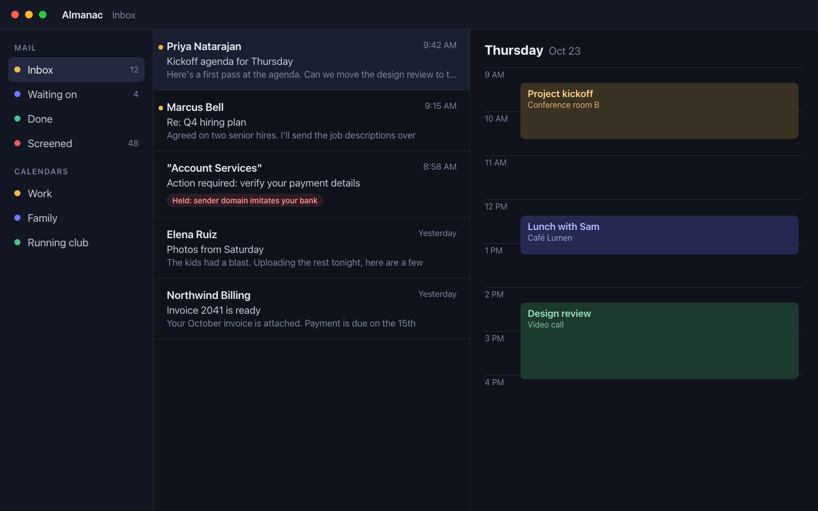 Almanac's inbox beside the day's calendar, with a phishing message held for review