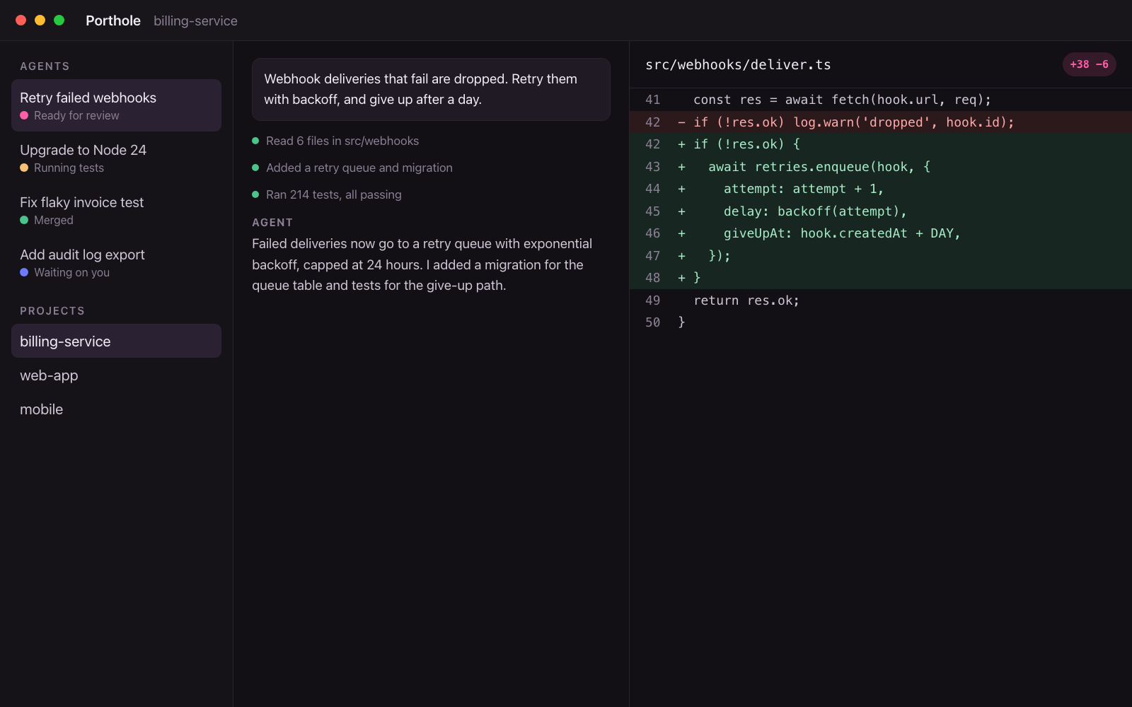Porthole showing several coding agents, one conversation, and the change it made